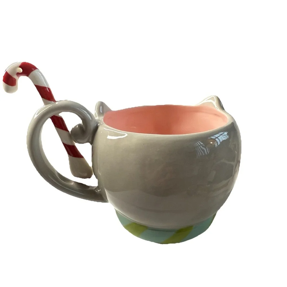 St Nicholas Square Cat with Candy Cane Spoon Coffee Hot Chocolate Mug Cup